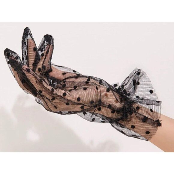 BLACK POLKA DOT Lace Short Ruffle Gloves NEW - Picture 1 of 3